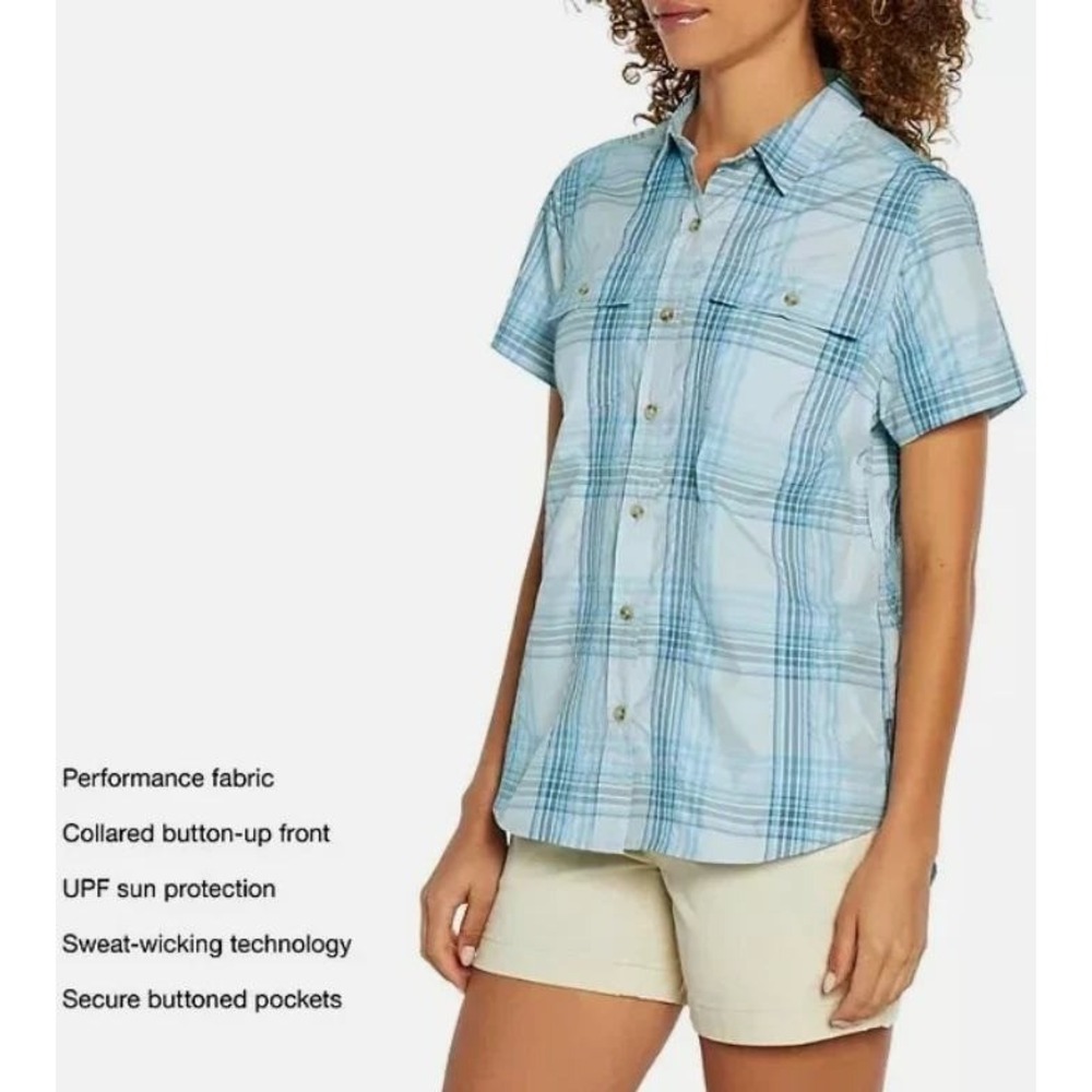 Eddie Bauer Womens XXL Adventure Shirt Blue Plaid Short Sleeve Button Up NWT
